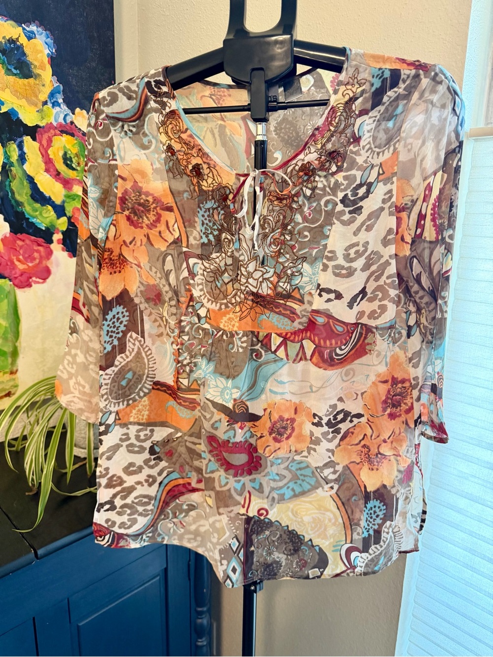 Chico’s Size 1 M Boho Patchwork Floral Embellished Blouse